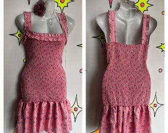 Vintage 90s Y2K | Pink Fairycore Ruffle Smocked Mini Babydoll Dress | Free Size