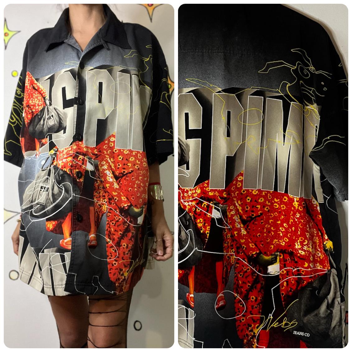Vintage Urban Collage Print Button up Street Style Graffiti Art