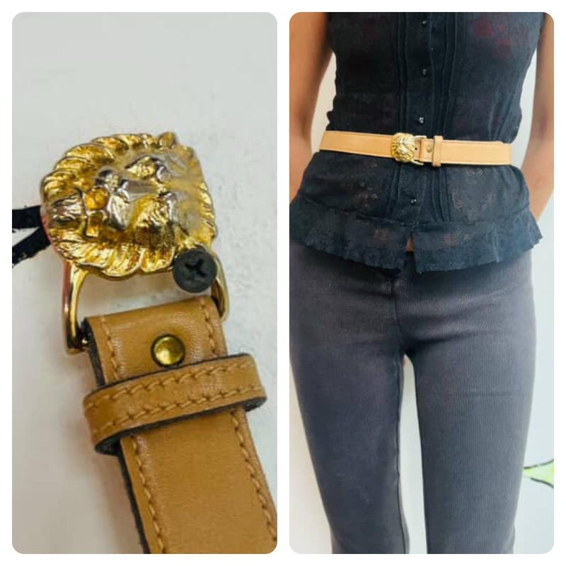 80’s Lion Head Knocker Wide Black Leather Belt by Anne Klein
