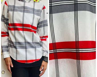 Vintage 70s 80s White & Red Plaid Secretary Blouse - Retro Statement Top - S M