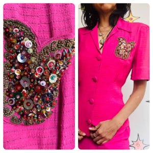 Charming One-of-a-Kind 1950s Candy Pink Blouse with Embellished Beaded Pocket S
