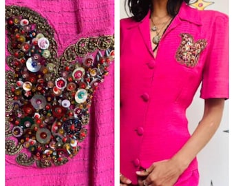 Affascinante camicetta rosa confetto anni '50, unica nel suo genere, con tasca decorata con perline S