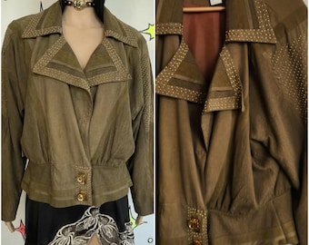 Vintage 80s Black Bomber Jacket with Gold Studs Shoulder Pads Rocker Glam XL+