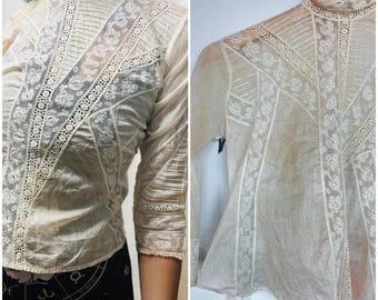 Antique 1900s Off White Sheer Lace Romantic Babydoll Steampunk Top Blouse XS