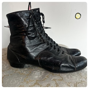 Antique Victorian Leather Booties Boots | 1910s Black Witchy Lace Up Boots | 9