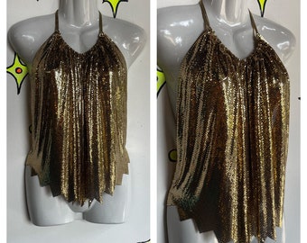 Vintage 70s 80s | Gold Disco Mesh Chainmail Neiman Marcus Halter Top | One Size