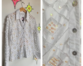 Vintage Y2K | Witte doorschijnende gelaagde topblouse met feeëncoquette-kralen | L