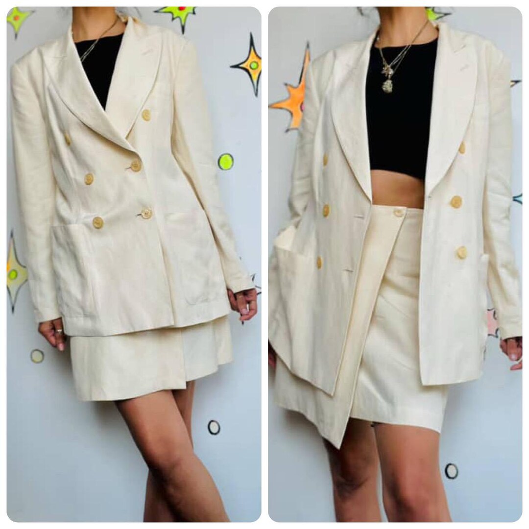 Vintage 90s DKNY Cream Linen Suit | Double Breasted Blazer & Mini 
