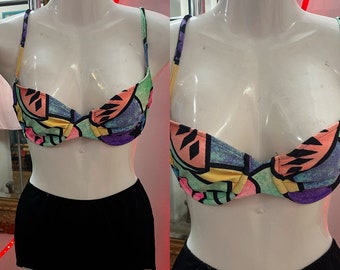 Vintage 80s 90s | Rainbow Neon Geometric Abstract Swimsuit Bikini Top | Medium
