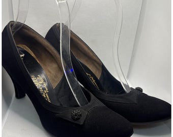 Vintage 40er 50er Jahre Schwarze Wildleder Runde Schuh Verzierte Heels - Palter Deliso - 8.5