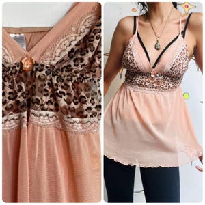 90s Y2K Pale Pink & Leopard Sheer Lace Babydoll Camisole - Grunge Coquette - M