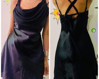 Vintage 90s Black Silky Slip Dress Lingerie Vamp Glam Goth Fairy Grunge M/L