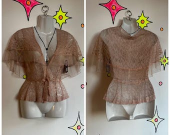 Antique 1900s | Pink Sheer Ruffle Lace Rococo Babydoll Steampunk Top Blouse | S