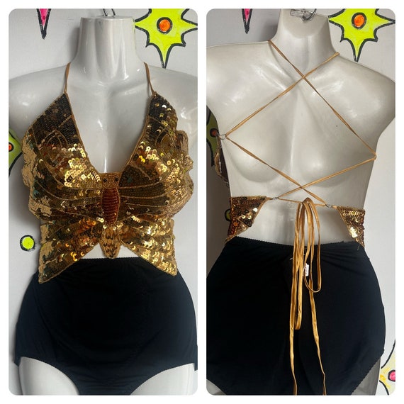 Vintage | Gold Disco Sequin Butterfly Halter Top … - image 1