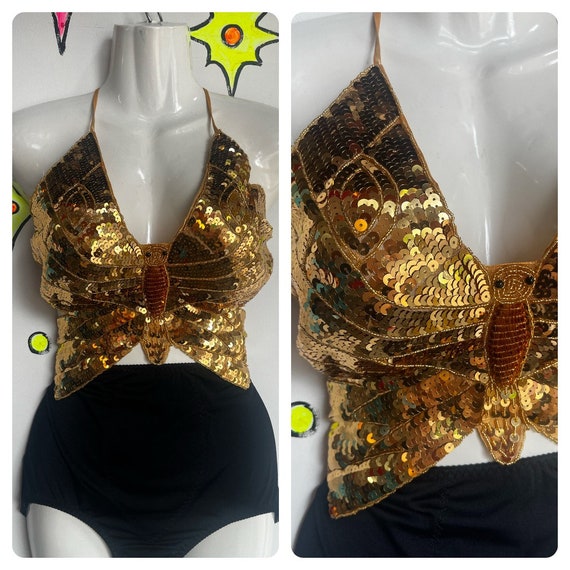 Vintage | Gold Disco Sequin Butterfly Halter Top … - image 2