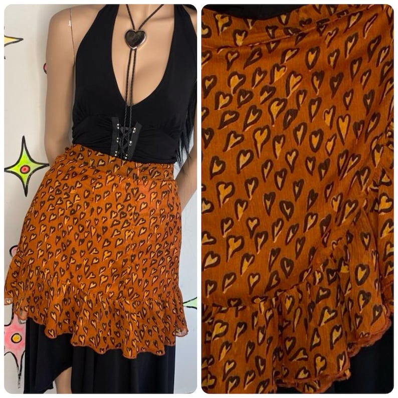 Y2K oranje minirok met hartjesprint | Urban Outfitters-rok Fairy Grunge met ruches S afbeelding 1
