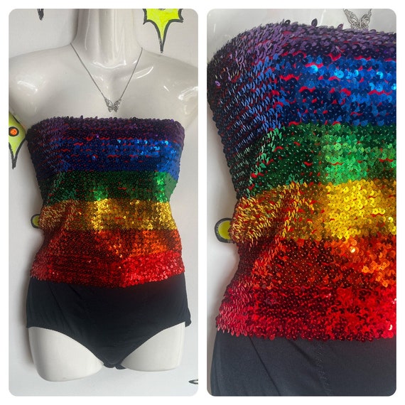 Vintage | Rainbow Disco Sequin Stretchy Tube Top … - image 1