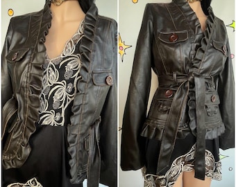 Y2K Babydoll Brown Vegan Leather Jacket – Fairy Grunge Moto Retro M/L