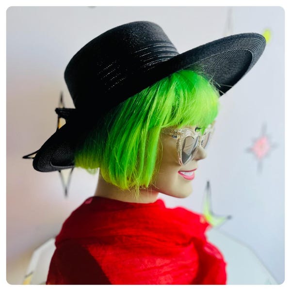 Sombrero vintage de ala extra ancha, estilo brujo, negro, glamuroso, de alta costura, con lazo llamativo