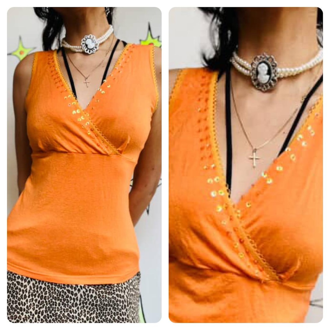 Y2K Orange Fairy Grunge Tee - Beaded Sparkle Fitted Tank Top