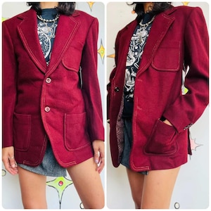 Vintage 70s | Men&#39;s Burgundy Wool Big Collar Blazer Jacket – Disco Mod Vibes - L