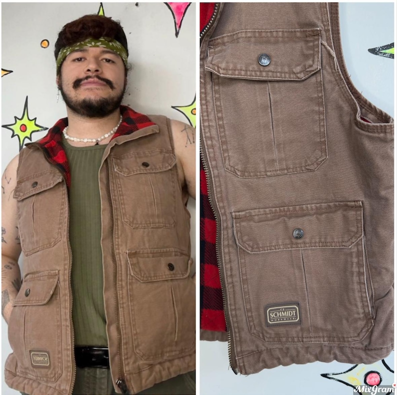 Vintage 90s Y2K Plaid Lined Khaki Lumberjack Vest Workwear Utility Gorpcore - M image 1