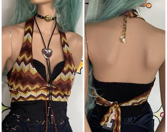 Y2K Crochet Boho Halter Top 70s Retro Hippie Festival Fairy Grunge Rave XL