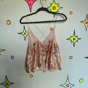 Vintage 90s Free People Sparkly Iridescent Fully Beaded Sequin Fairy Cami Top M image 7
