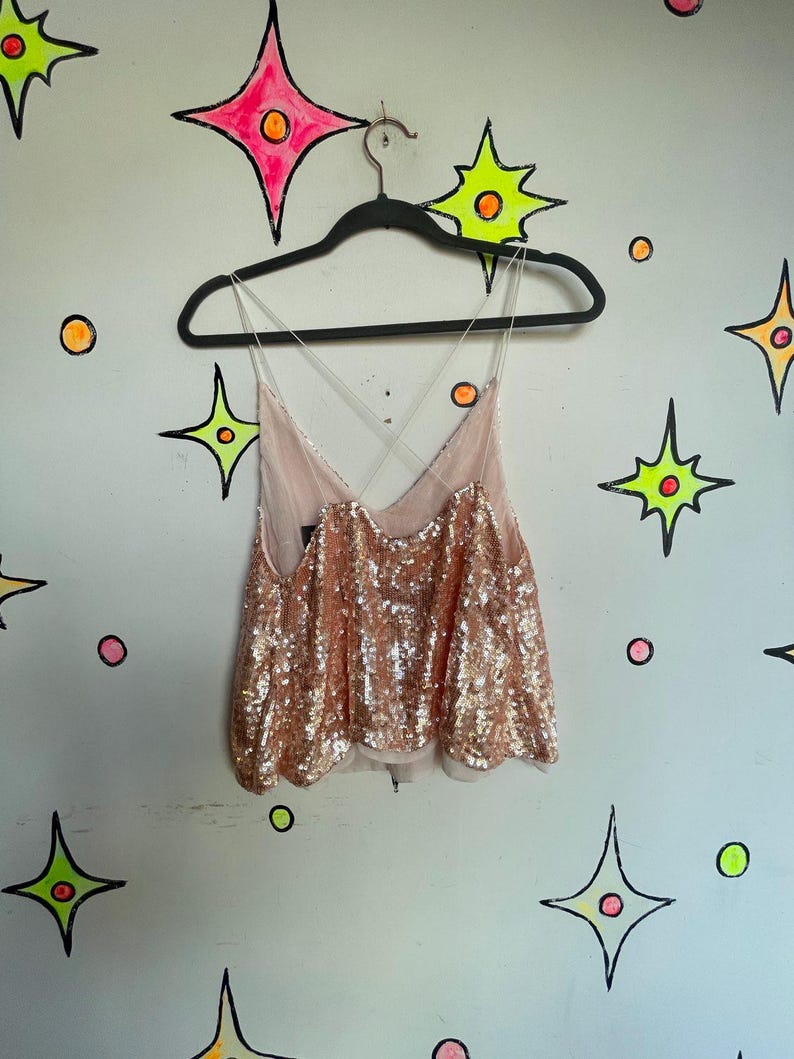 Vintage 90s Free People Sparkly Iridescent Fully Beaded Sequin Fairy Cami Top M image 7