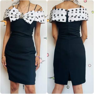 Vintage 80s Does 40s Polka Dot Wiggle Dress - Off-Shoulder Party Glam - Size 4