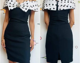 Vintage 80s Does 40s Polka Dot Wiggle Dress - Off-Shoulder Party Glam - Size 4