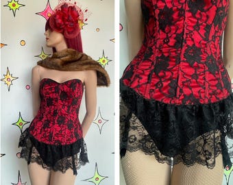 Vintage Fredericks of Hollywood Black Red Lace Ruffle Corset Vamp Siren Goth S