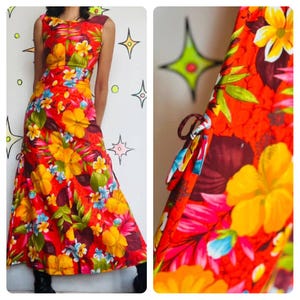 Stunning Vintage 60s-70s Tiki Hawaiian Maxi Dress - Tropical Boho Goddess - XS