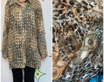 Camicetta trasparente vintage anni '90 Y2K con patchwork leopardato – Boho Grunge Glam con bottoni - XL