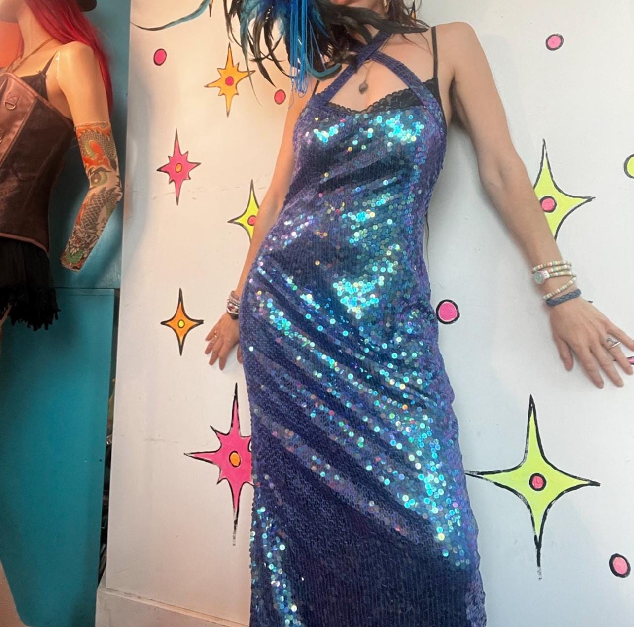 90s glitter dresses Sparkly 1990s Anushka Shetty Black Sari Women Dresses Color:Baby blue over spaghetti straps