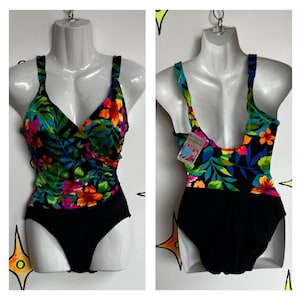 Vintage 80s 90s | Neon Floral One Piece Swimsuit Bodysuit | SM