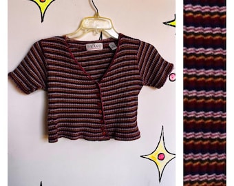 Vintage 90s | Striped Rib Knit Button Down Crop Top | size M