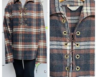 Vintage 60s Chandler Blue Black White Plaid Cotton Flannel Shirt