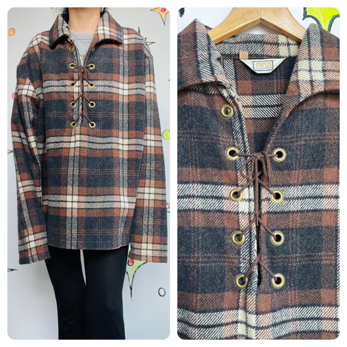 Vintage 60s Rawhide Lacer Brown Plaid Pullover Wool Shirt