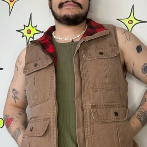 Vintage 90s Y2K Plaid Lined Khaki Lumberjack Vest Workwear Utility Gorpcore - M image 3