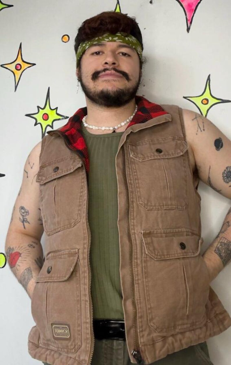 Vintage 90s Y2K Plaid Lined Khaki Lumberjack Vest Workwear Utility Gorpcore - M image 3