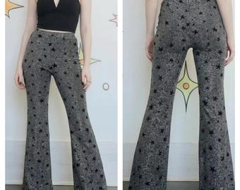 Pantalones acampanados de terciopelo metálico plateado con estrellas, estilo disco, glamuroso, brujo, groovy S
