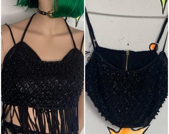 Schwarz Perlen Beschnitten Bralette Bustier Top Sparkly Layering Piece Goth Glam S