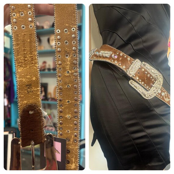 Y2K Rhinestone Belt Cowhide Leather Western Bling Cowgirl  display picture 3