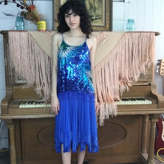 Vintage | Blue Silk Beaded Sequin Fringe Flapper 2