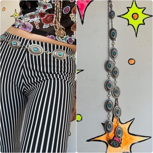 Vintage Y2K Belt Women\'s M/L Southwestern Faux Turquoise Silver Concho Link Vintage Y2K Silver Tone Faux Turquoise Colored Petite Concho  main image 4