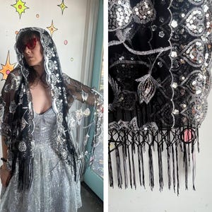 Black & Silver Sheer Lace Sequin Evening Shawl Flapper Witchy Glam Wrap