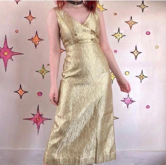 gold old hollywood dress Vintage 1960s Metallic Maxi | Glam | Mod Formal Evening Gown XS Portia and Scarlett prom dress with a sweetheart neckline