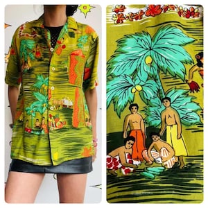 Vintage 50er Jahre Grünes Hawaii-Tiki-Hemd - Leichte Baumwolle - Herren S