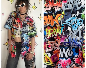 Vintage Graffiti Shirt Retro Y2K Pop Art Regenbogen Top 90er Jahre Abstrakt Disco XL